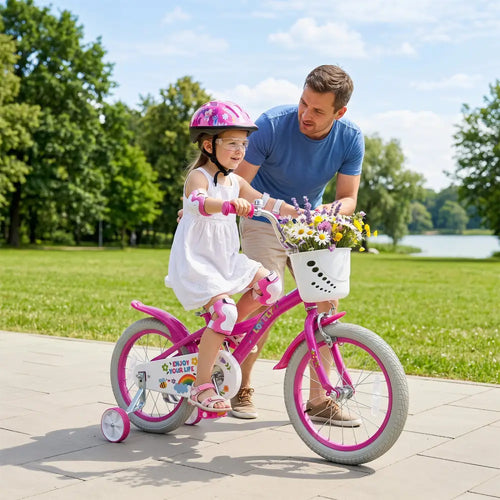 16 Inches Girls Bike for 4-7 Years Old with Basket - Spring Party Pink - Pink - Kids Bike