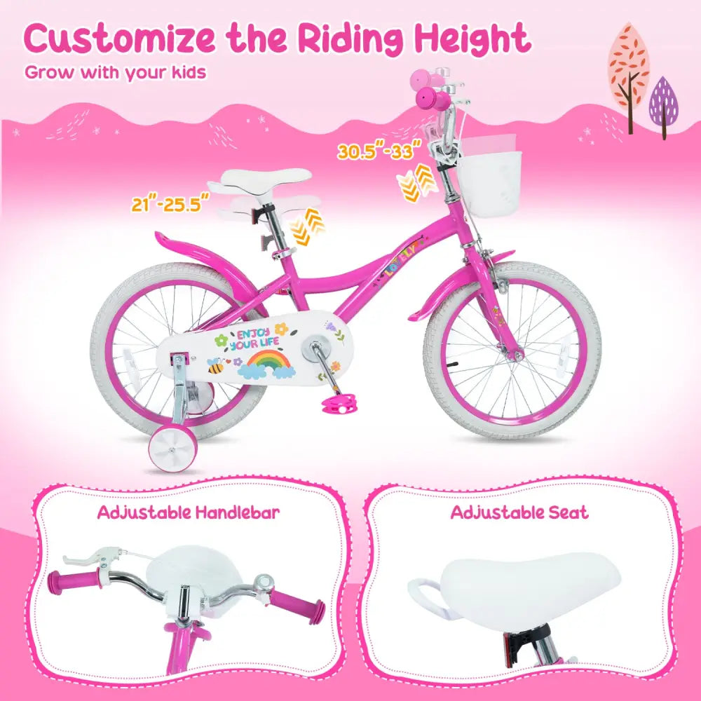 16 Inches Girls Bike for 4-7 Years Old with Basket - Spring Party Pink - Pink - Kids Bike