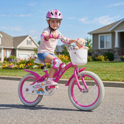 16 Inches Girls Bike for 4-7 Years Old with Basket - Spring Party Pink - Pink - Kids Bike