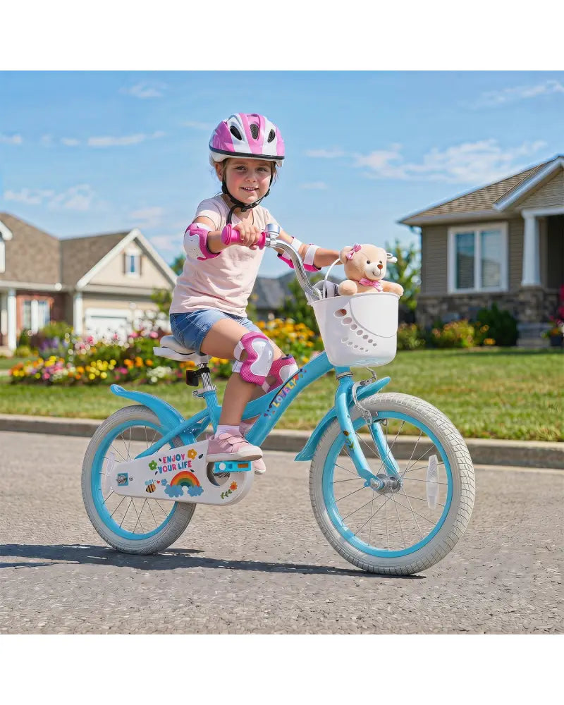 16 Inches Girls Bike for 4-7 Years Old with Training Wheels and Basket Spring Party Blue - Blue - Kids Bike