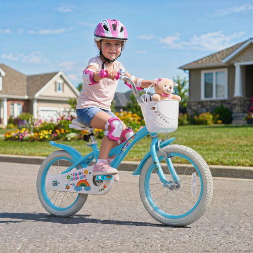 16 Inches Girls Bike for 4-7 Years Old with Training Wheels and Basket Spring Party Blue - Blue - Kids Bike
