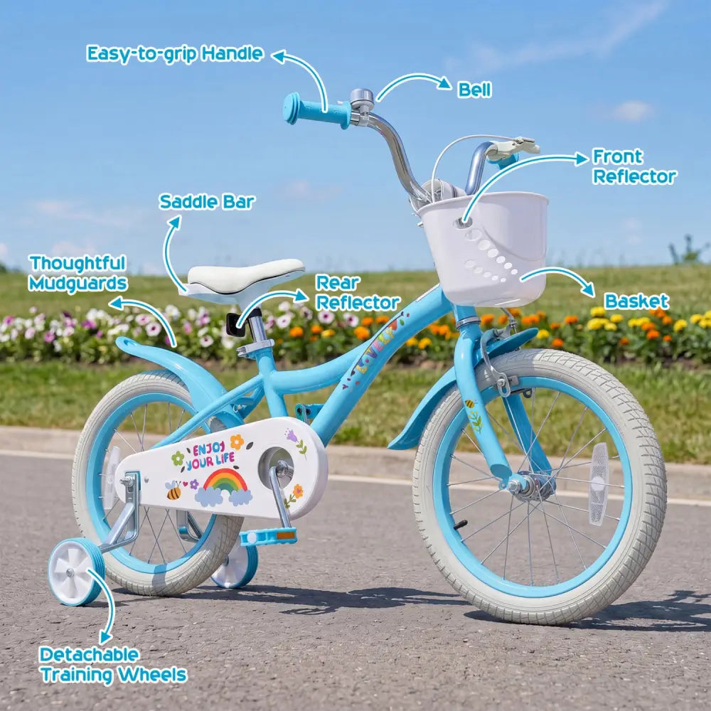 16 Inches Girls Bike for 4-7 Years Old with Training Wheels and Basket Spring Party Blue - Blue - Kids Bike