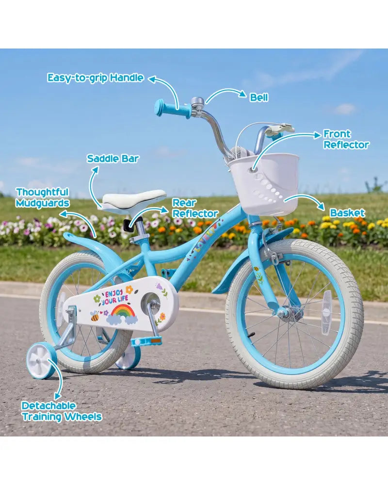 16 Inches Girls Bike for 4-7 Years Old with Training Wheels and Basket Spring Party Blue - Blue - Kids Bike