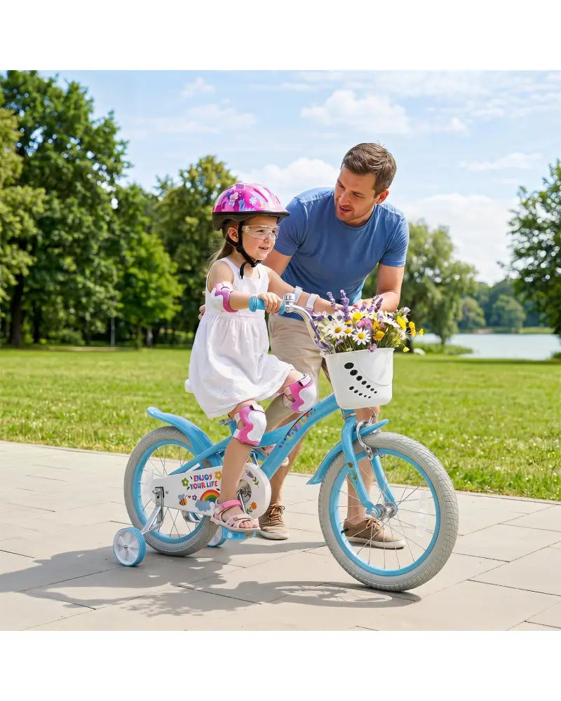 16 Inches Girls Bike for 4-7 Years Old with Training Wheels and Basket Spring Party Blue - Blue - Kids Bike