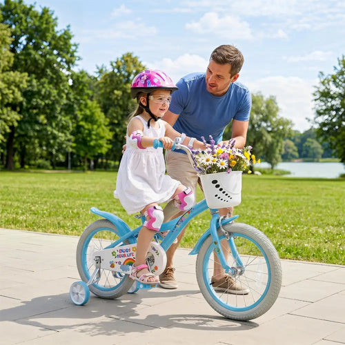 16 Inches Girls Bike for 4-7 Years Old with Training Wheels and Basket Spring Party Blue - Blue - Kids Bike