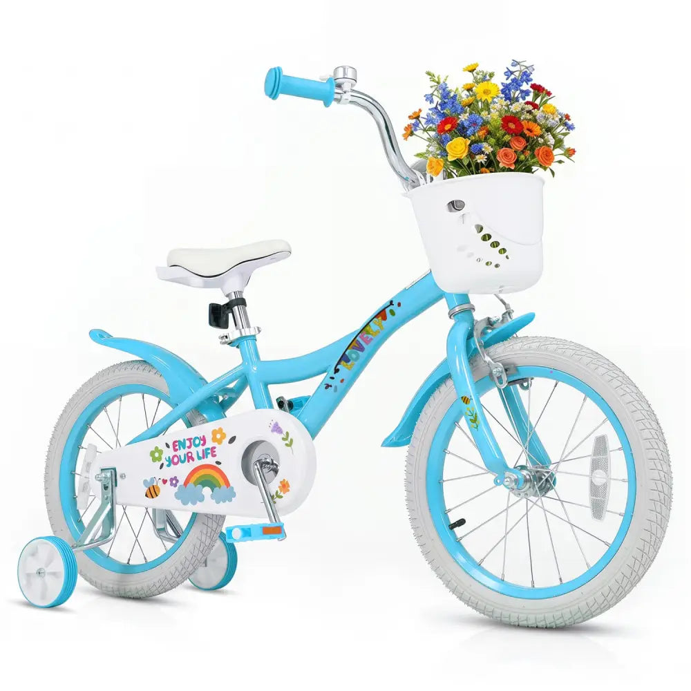 16 Inches Girls Bike for 4-7 Years Old with Training Wheels and Basket Spring Party Blue - Blue - Kids Bike
