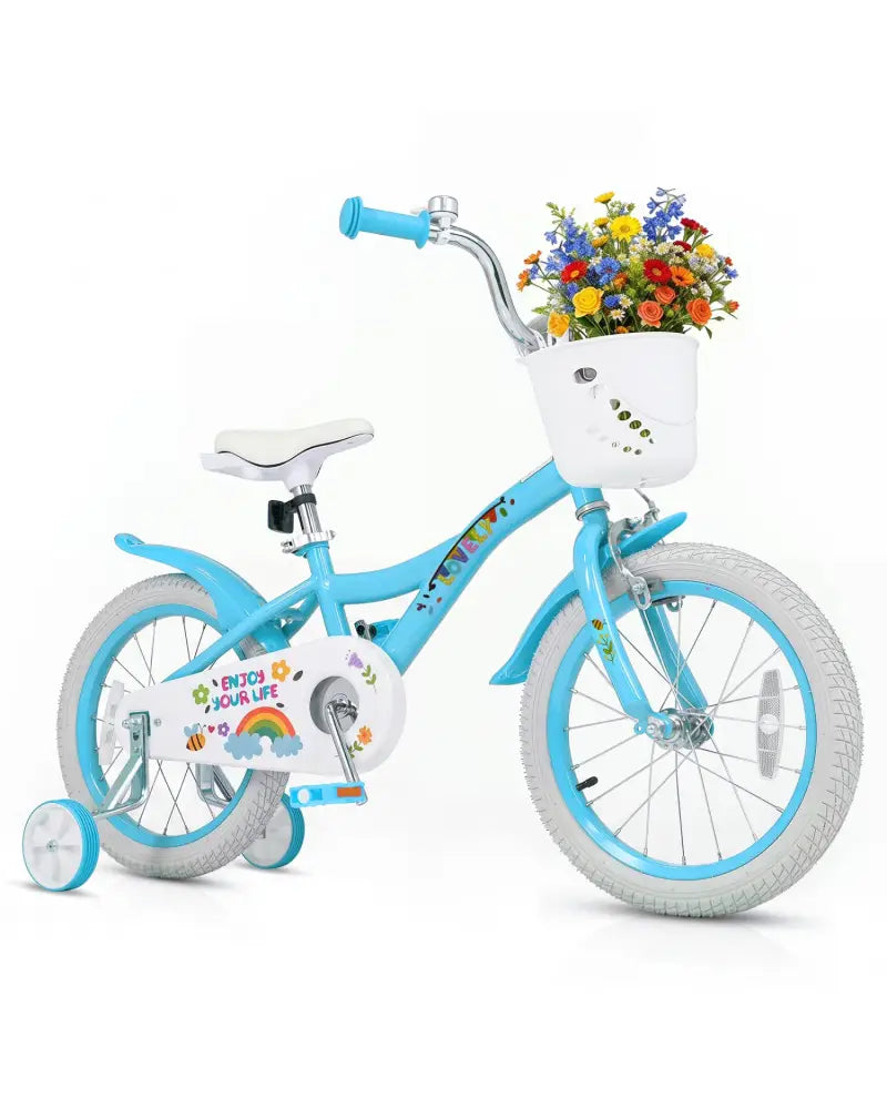16 Inches Girls Bike for 4-7 Years Old with Training Wheels and Basket Spring Party Blue - Blue - Kids Bike