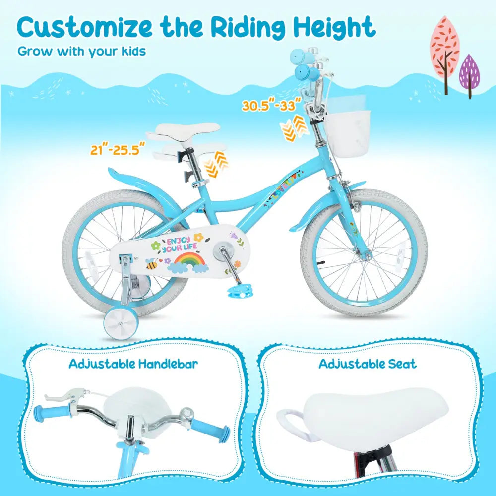 16 Inches Girls Bike for 4-7 Years Old with Training Wheels and Basket Spring Party Blue - Blue - Kids Bike