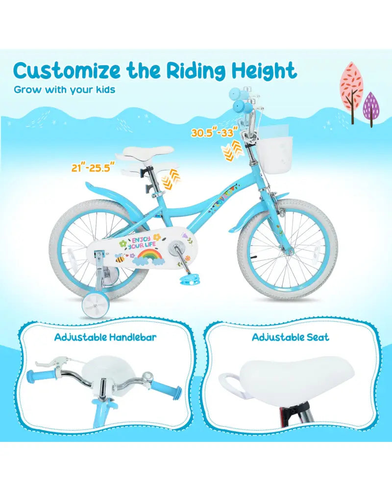 16 Inches Girls Bike for 4-7 Years Old with Training Wheels and Basket Spring Party Blue - Blue - Kids Bike