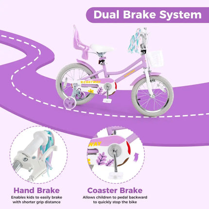 16 Inches Girls Bike Kids Bicycle with Doll Seat and Streamers for Children 4 - 7 Years Old - Oasis Home Essentials