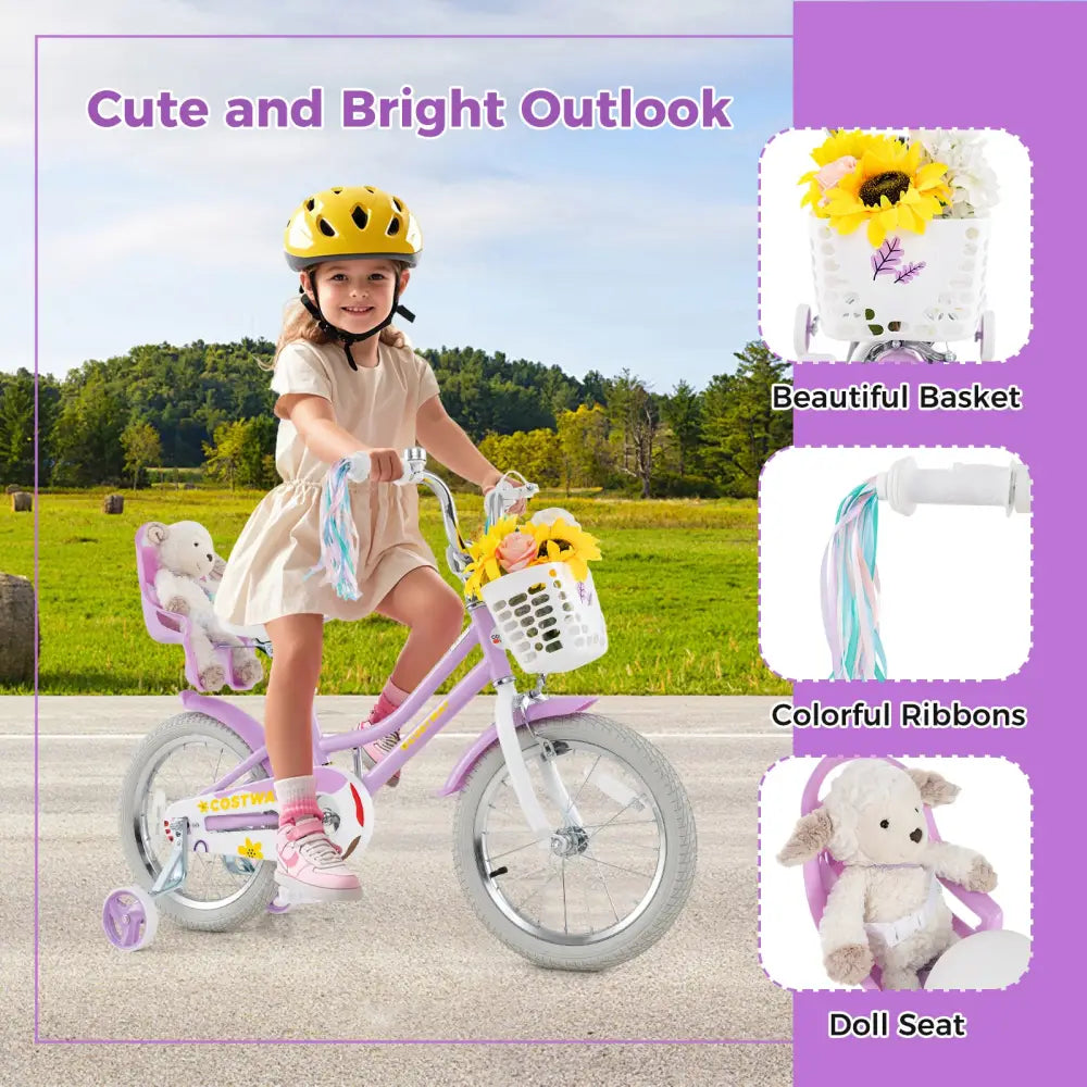 16 Inches Girls Bike Kids Bicycle with Doll Seat and Streamers for Children 4-7 Years Old - Purple - Kids Bike