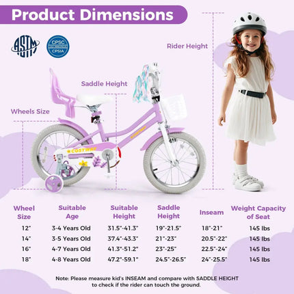16 Inches Girls Bike Kids Bicycle with Doll Seat and Streamers for Children 4 - 7 Years Old - Oasis Home Essentials
