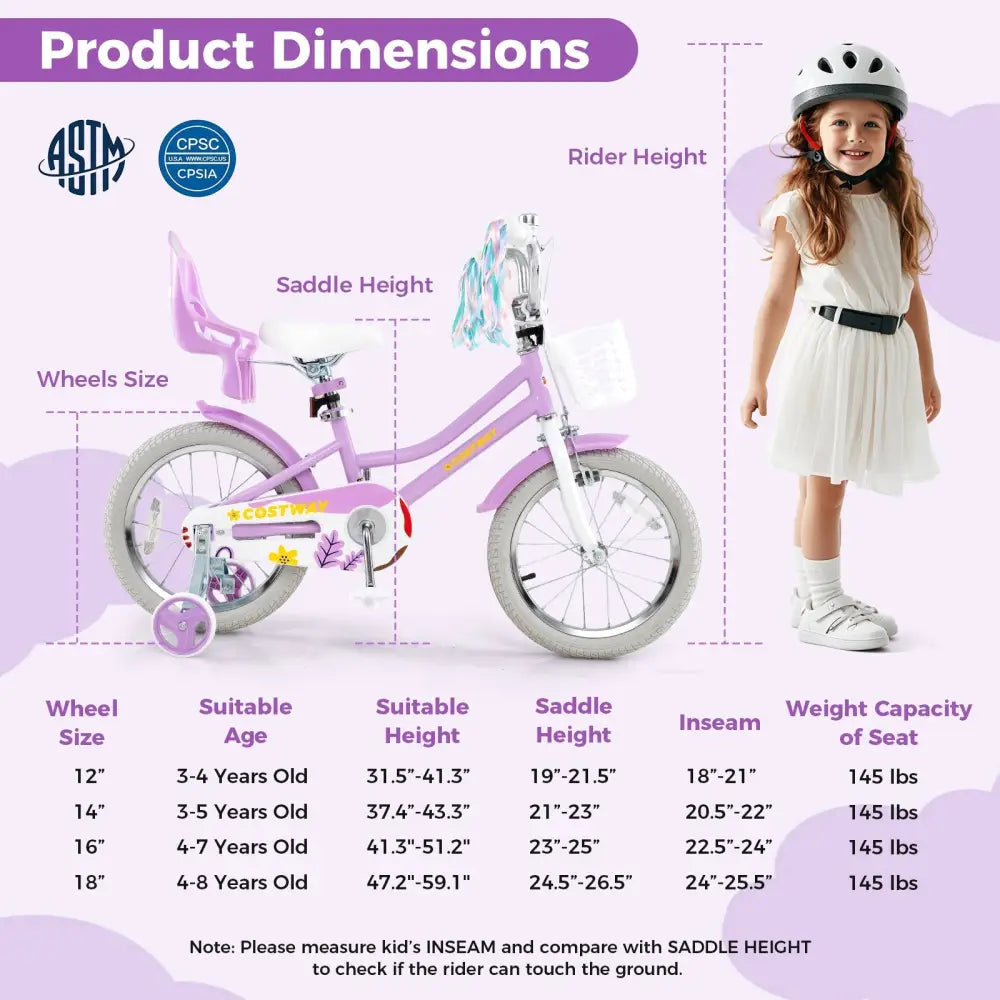 16 Inches Girls Bike Kids Bicycle with Doll Seat and Streamers for Children 4 - 7 Years Old - Oasis Home Essentials