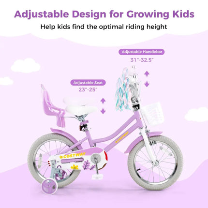 16 Inches Girls Bike Kids Bicycle with Doll Seat and Streamers for Children 4 - 7 Years Old - Oasis Home Essentials