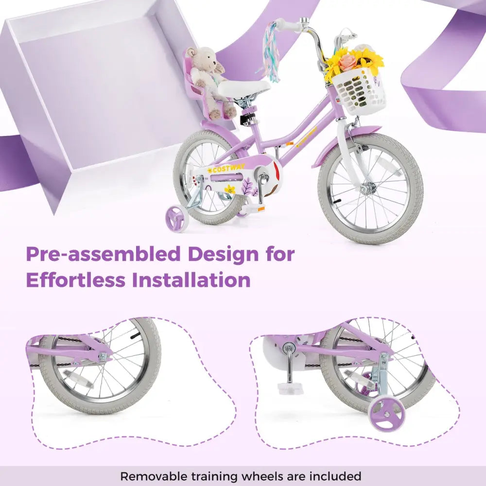 16 Inches Girls Bike Kids Bicycle with Doll Seat and Streamers for Children 4 - 7 Years Old - Oasis Home Essentials