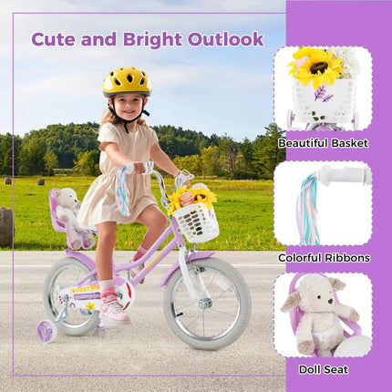 16 Inches Girls Bike Kids Bicycle with Doll Seat and Streamers for Children 4 - 7 Years Old - Oasis Home Essentials