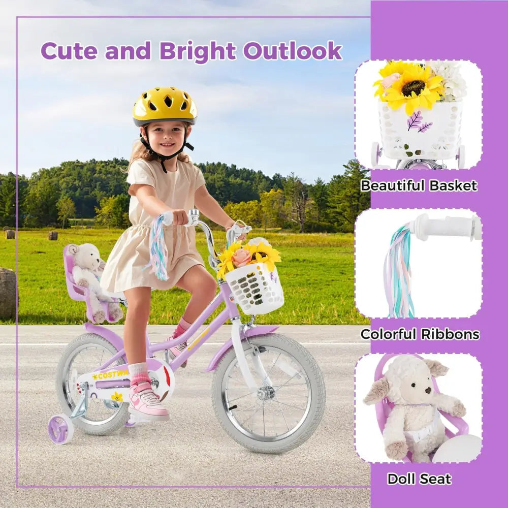 16 Inches Girls Bike Kids Bicycle with Doll Seat and Streamers for Children 4 - 7 Years Old - Oasis Home Essentials