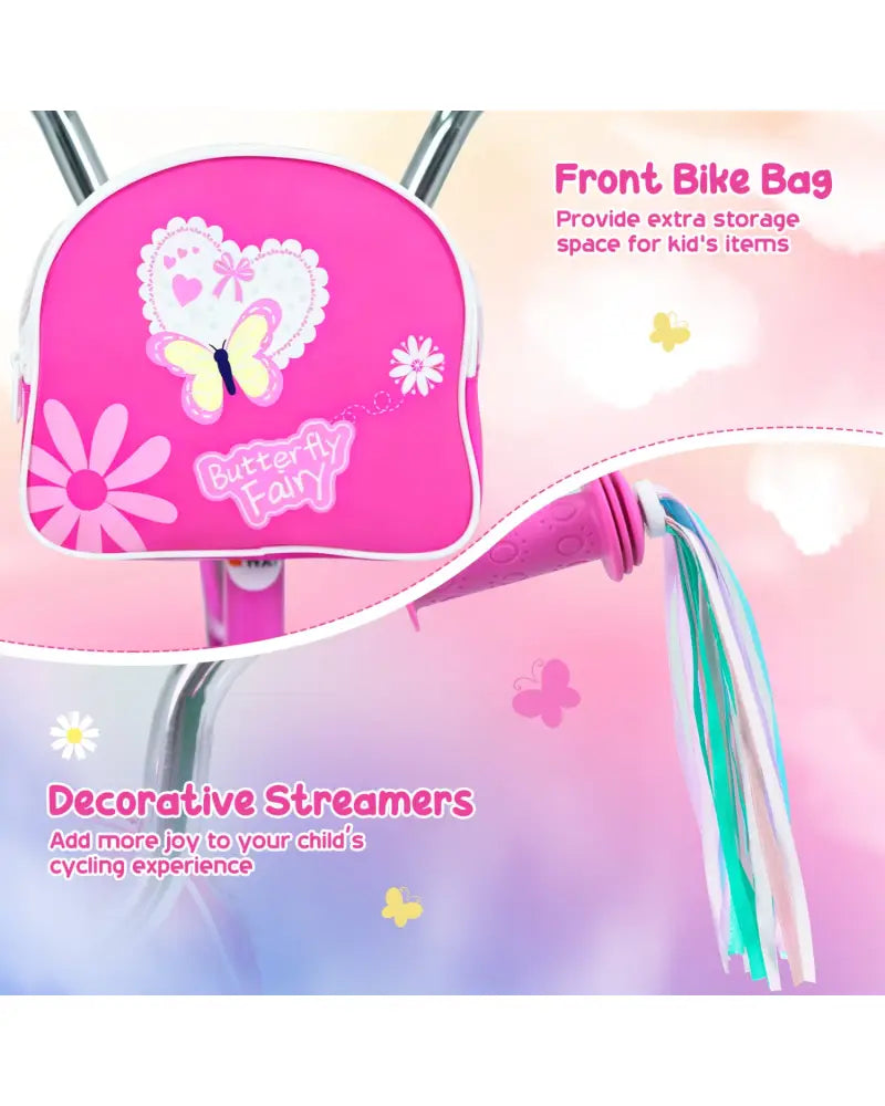 16 Inches Girls Bike with Front Bag and Streamers for 4-7 Years Pink - Pink - Kids Bike