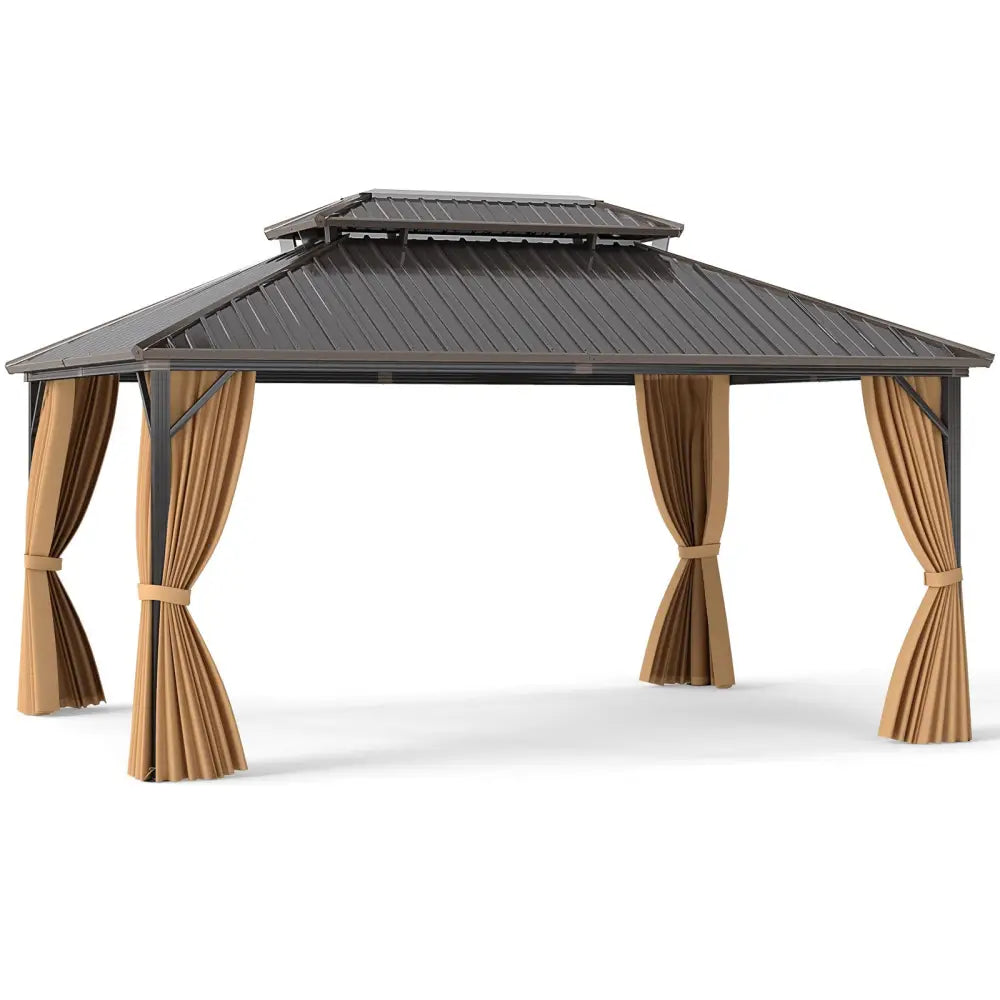16 x 12 Feet Hardtop Gazebo Aluminum Frame Permanent Pavilion with Curtains and Netting-Coffee - Coffee - Gazebos
