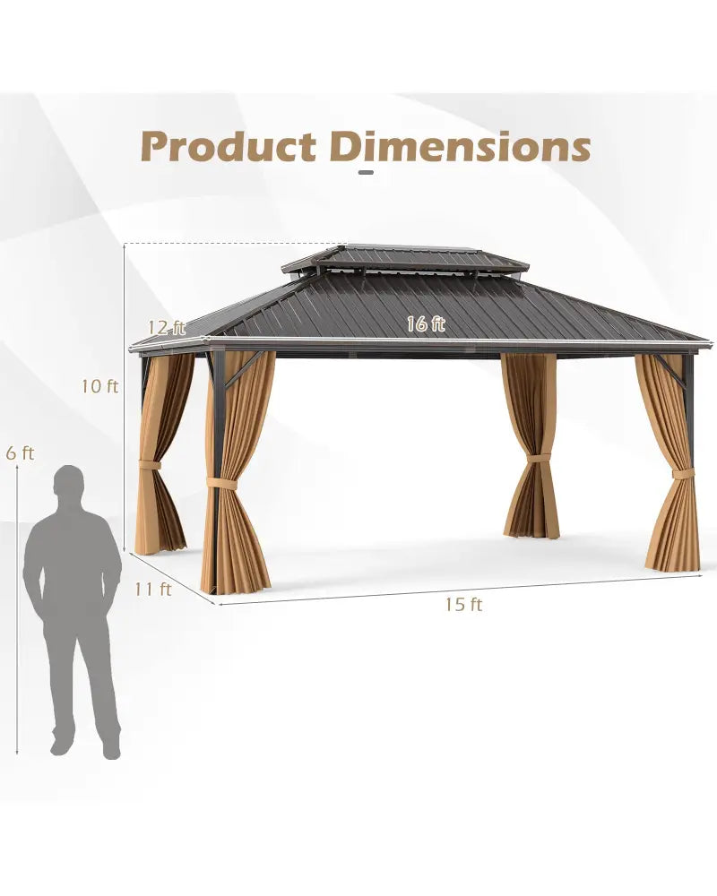 16 x 12 Feet Hardtop Gazebo Aluminum Frame Permanent Pavilion with Curtains and Netting-Coffee - Coffee - Gazebos