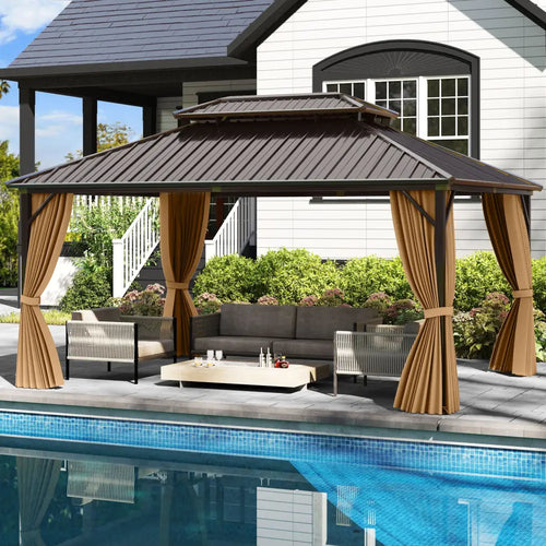 16 x 12 Feet Hardtop Gazebo Aluminum Frame Permanent Pavilion with Curtains and Netting-Coffee - Coffee - Gazebos