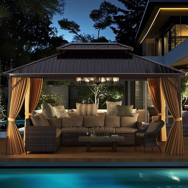 16 x 12 Feet Hardtop Gazebo Aluminum Frame Permanent Pavilion with Curtains and Netting-Coffee - Coffee - Gazebos