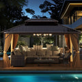 16 x 12 Feet Hardtop Gazebo Aluminum Frame Permanent Pavilion with Curtains and Netting-Coffee - Coffee - Gazebos