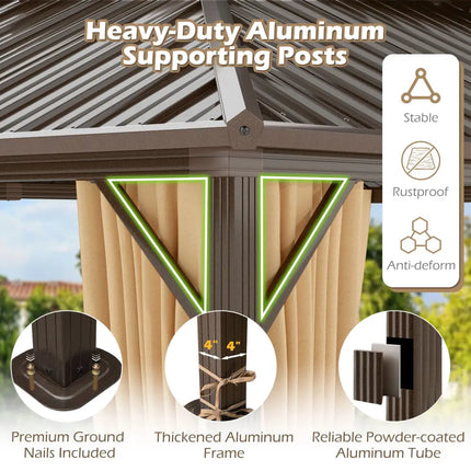 16 x 12 Feet Hardtop Gazebo Aluminum Frame Permanent Pavilion with Curtains and Netting-Coffee - Coffee - Gazebos