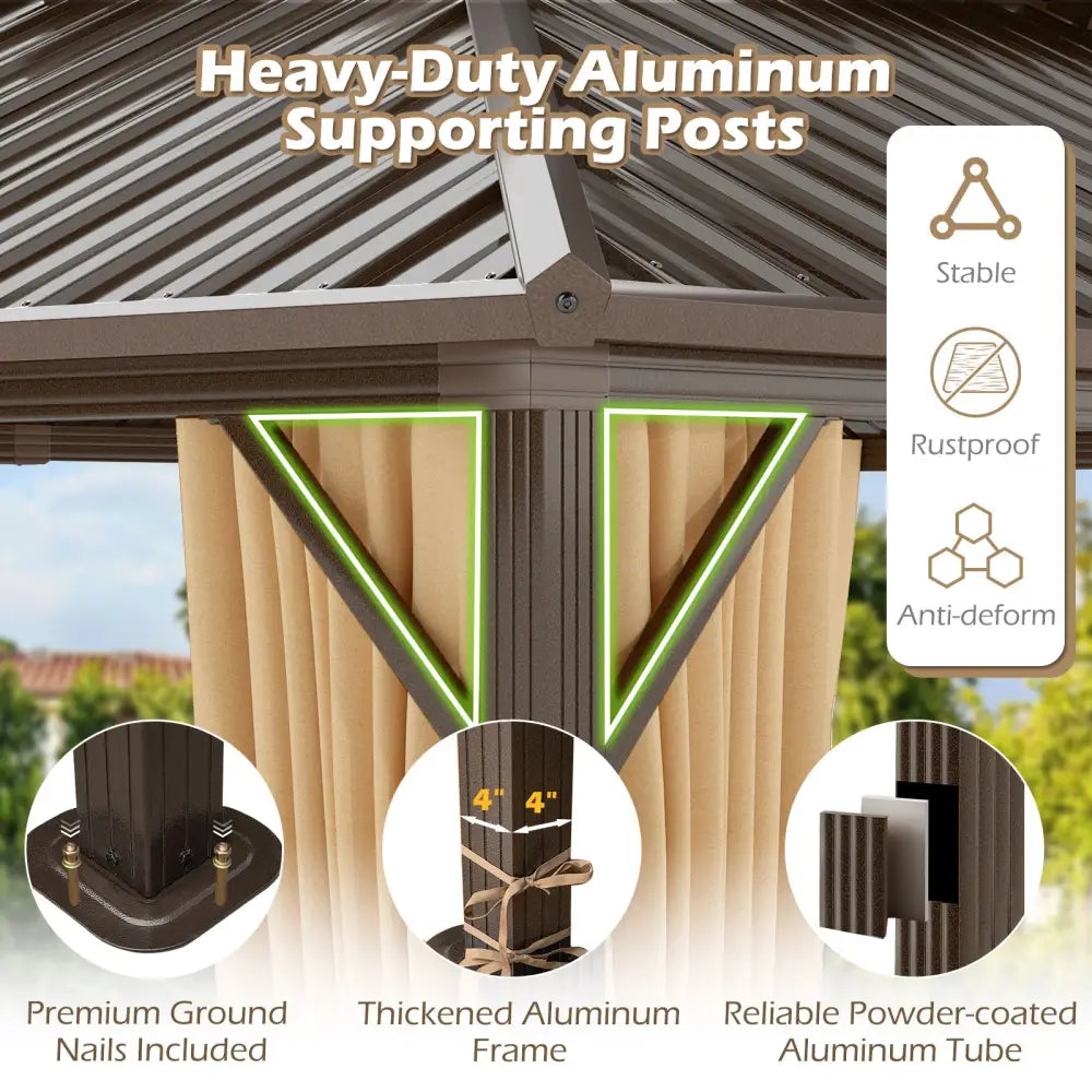16 x 12 Feet Hardtop Gazebo Aluminum Frame Permanent Pavilion with Curtains and Netting-Coffee - Coffee - Gazebos