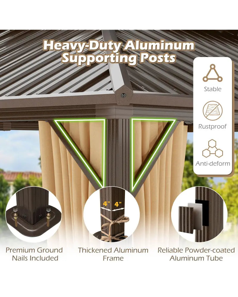 16 x 12 Feet Hardtop Gazebo Aluminum Frame Permanent Pavilion with Curtains and Netting-Coffee - Coffee - Gazebos