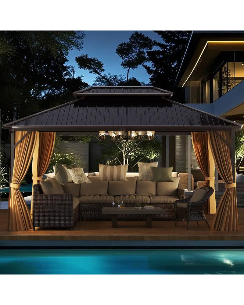 16 x 12 Feet Hardtop Gazebo Aluminum Frame Permanent Pavilion with Curtains and Netting-Coffee - Coffee - Gazebos