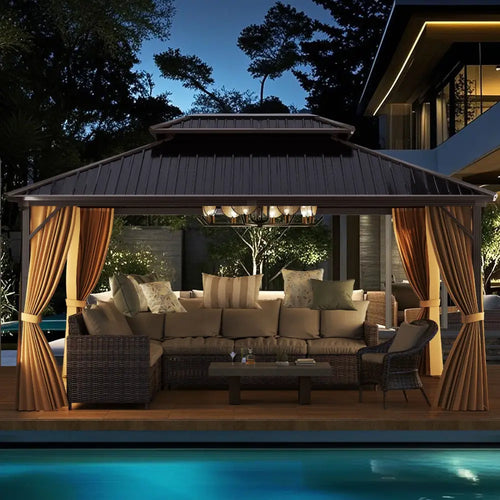 16 x 12 Feet Hardtop Gazebo Aluminum Frame Permanent Pavilion with Curtains and Netting-Coffee - Coffee - Gazebos