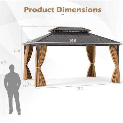 16 x 12 Feet Hardtop Gazebo Aluminum Frame Permanent Pavilion with Curtains and Netting-Coffee - Coffee - Gazebos