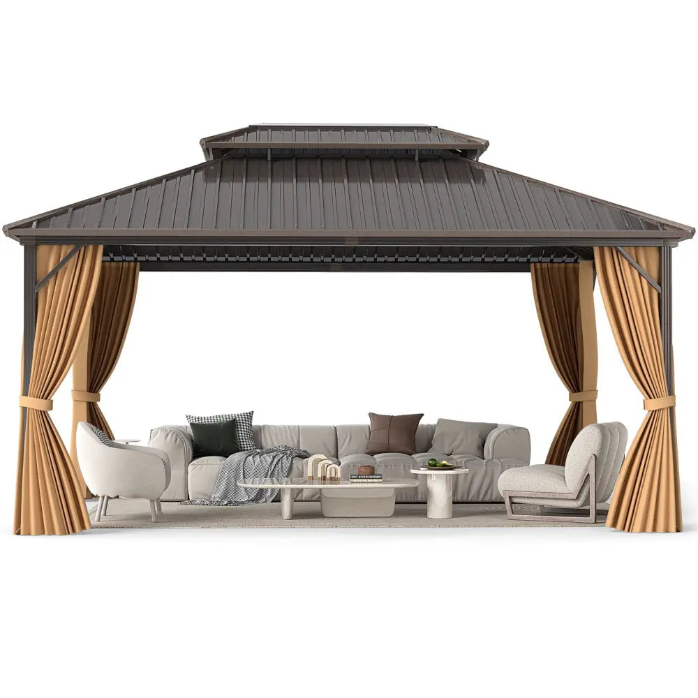 16 x 12 Feet Hardtop Gazebo Aluminum Frame Permanent Pavilion with Curtains and Netting-Coffee - Coffee - Gazebos