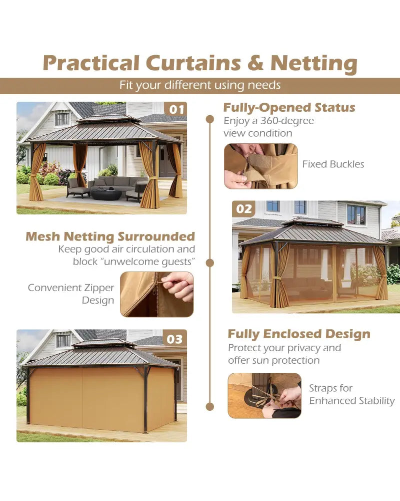 16 x 12 Feet Hardtop Gazebo Aluminum Frame Permanent Pavilion with Curtains and Netting-Coffee - Coffee - Gazebos