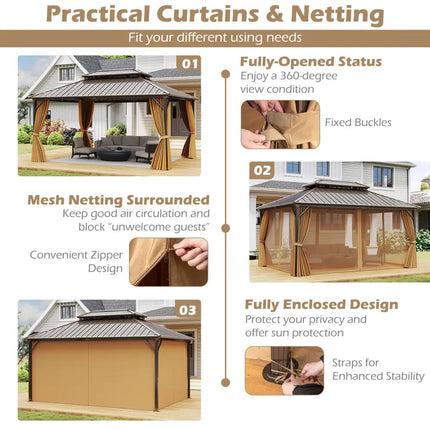 16 x 12 Feet Hardtop Gazebo Aluminum Frame Permanent Pavilion with Curtains and Netting-Coffee - Coffee - Gazebos