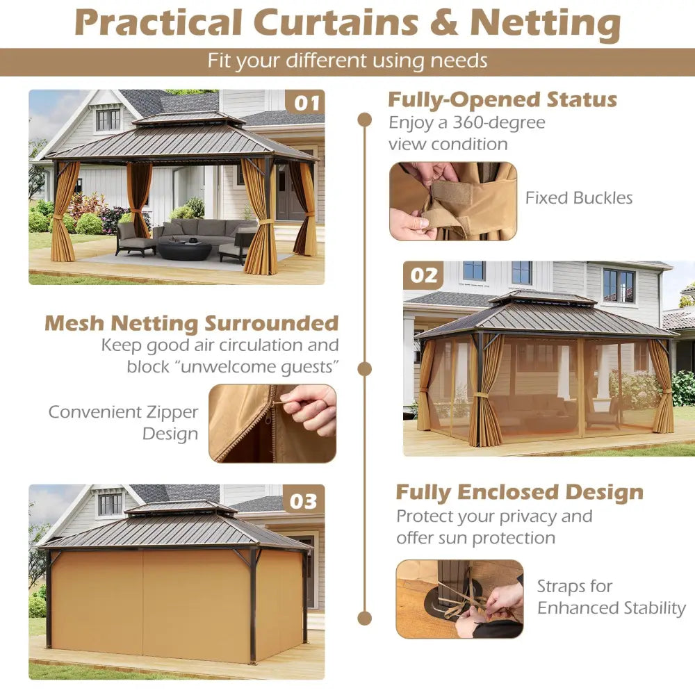16 x 12 Feet Hardtop Gazebo Aluminum Frame Permanent Pavilion with Curtains and Netting-Coffee - Coffee - Gazebos