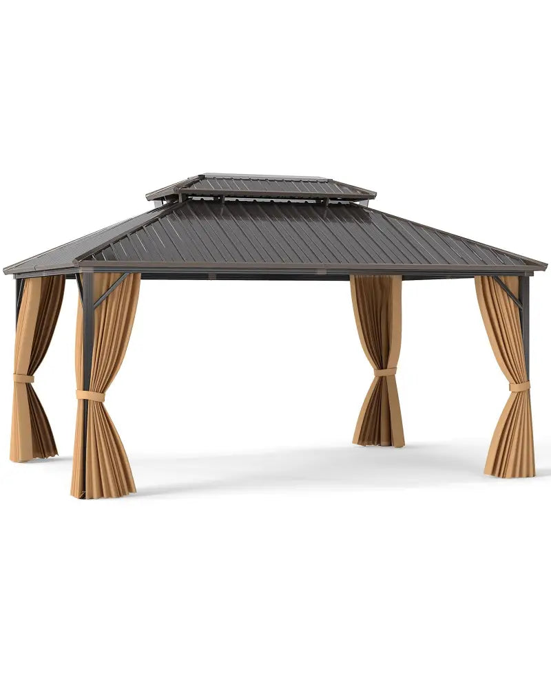 16 x 12 Feet Hardtop Gazebo Aluminum Frame Permanent Pavilion with Curtains and Netting-Coffee - Coffee - Gazebos