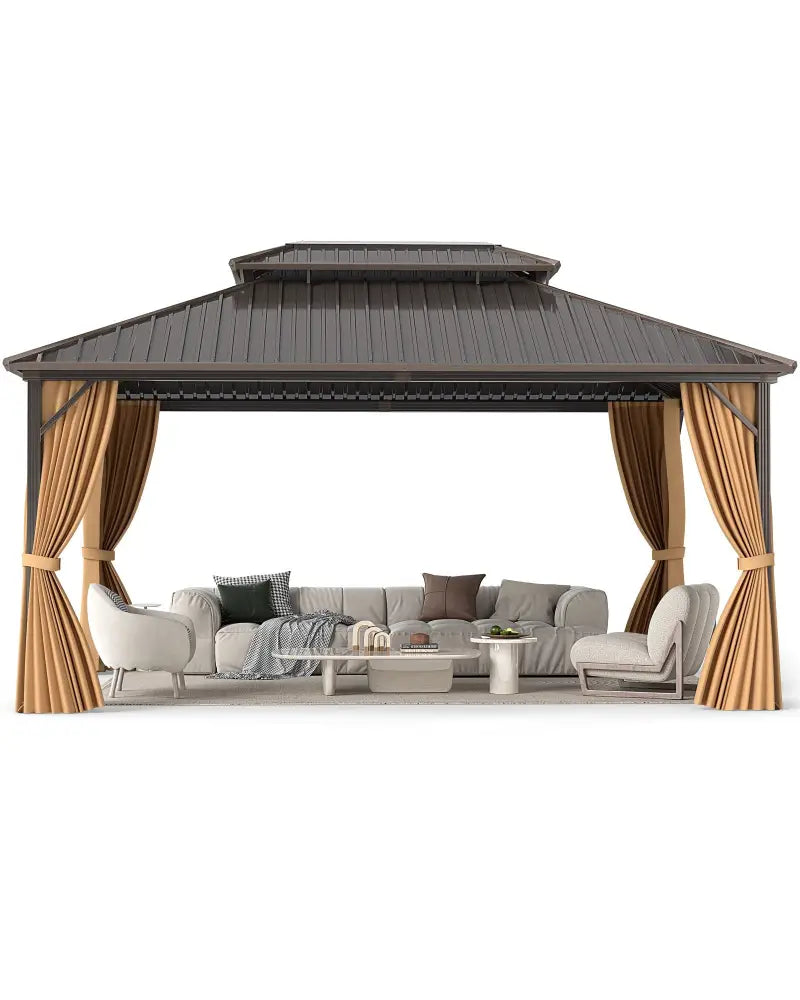 16 x 12 Feet Hardtop Gazebo Aluminum Frame Permanent Pavilion with Curtains and Netting-Coffee - Coffee - Gazebos