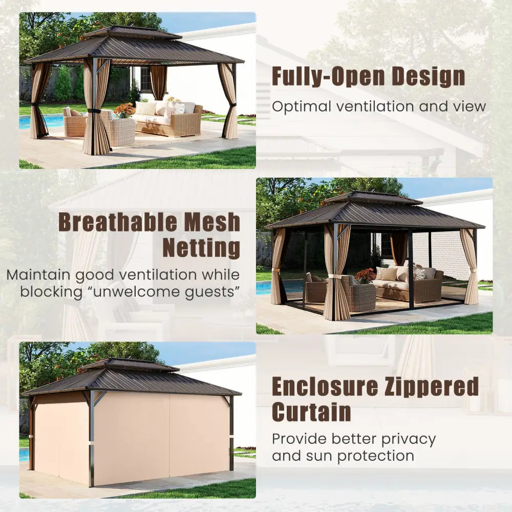 16 x 12 FT Hardtop Gazebo Outdoor Pergola for Patio Garden Deck Lawn Backyard Party Tent-Coffee - Coffee - Gazebos