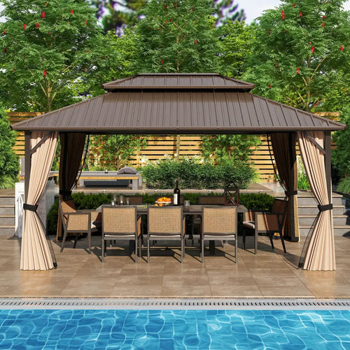 16 x 12 FT Hardtop Gazebo Outdoor Pergola for Patio Garden Deck Lawn Backyard Party Tent-Coffee - Coffee - Gazebos