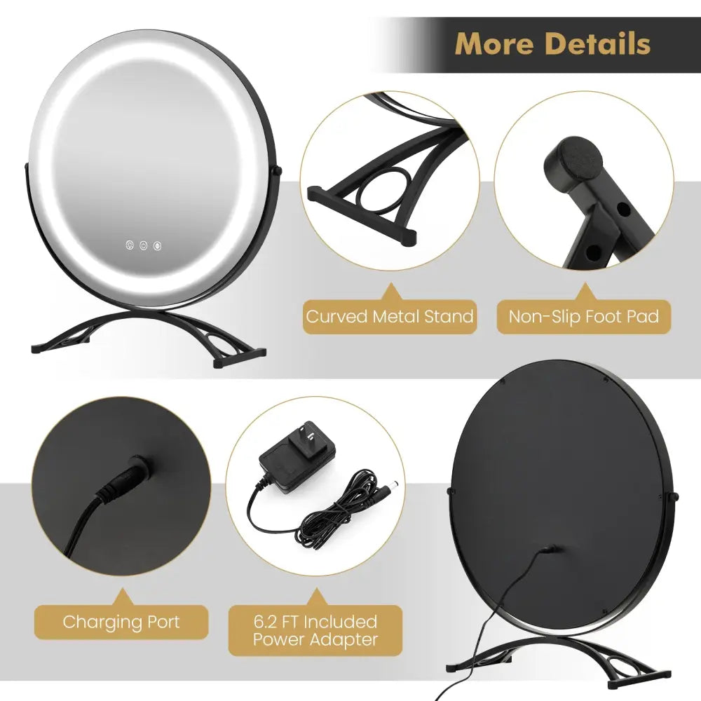 16 x 16 Inch Round LED Vanity Mirror with 3-Color Lighting and Brightness Dimming-Black - Black - Makeup Vanities