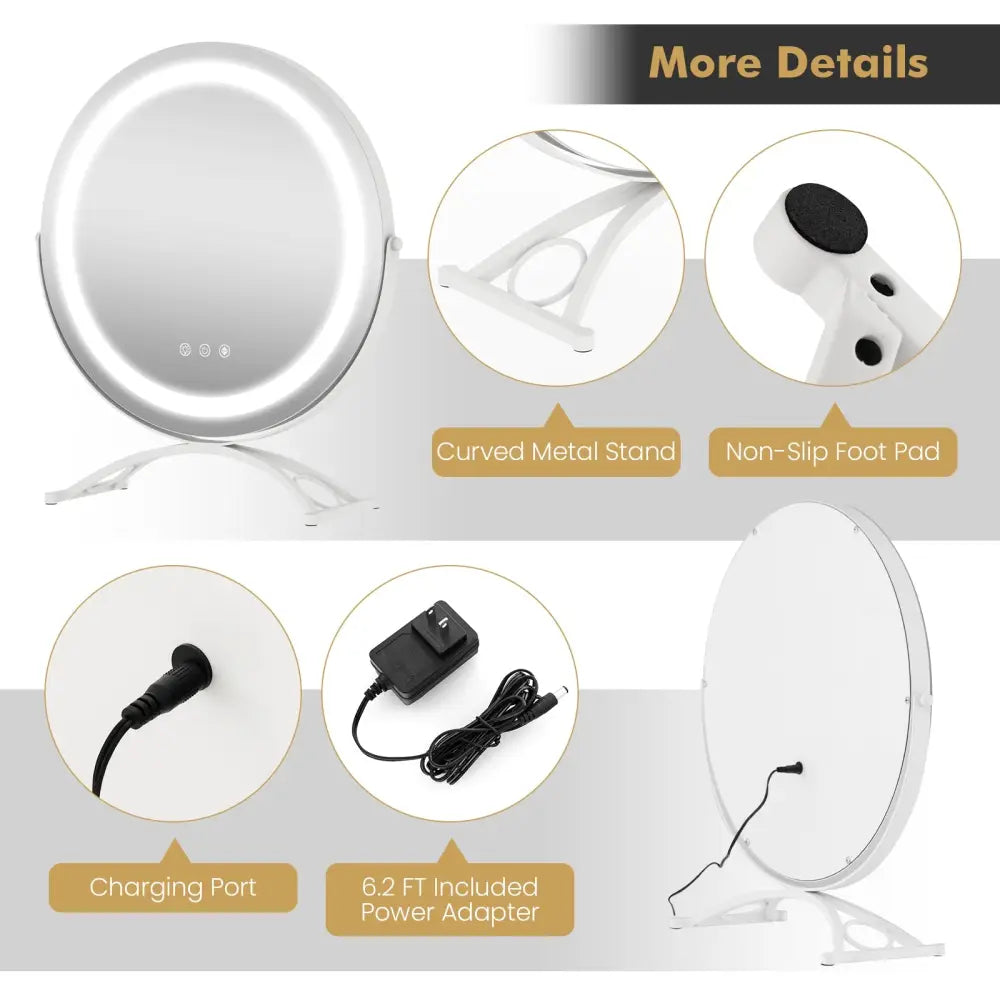 16 x 16 Inch Round LED Vanity Mirror with 3-Color Lighting and Brightness Dimming-White - White - Makeup Vanities