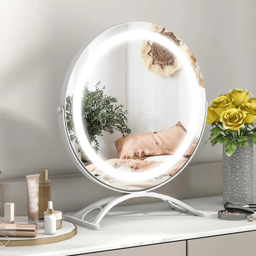 16 x 16 Inch Round LED Vanity Mirror with 3-Color Lighting and Brightness Dimming-White - White - Makeup Vanities