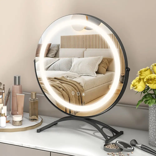 16 x 16 Inch Round LED Vanity Mirror with 3-Color Lighting and Brightness Dimming-Black - Black - Makeup Vanities