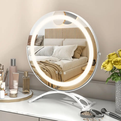 16 x 16 Inch Round LED Vanity Mirror with 3-Color Lighting and Brightness Dimming-White - White - Makeup Vanities