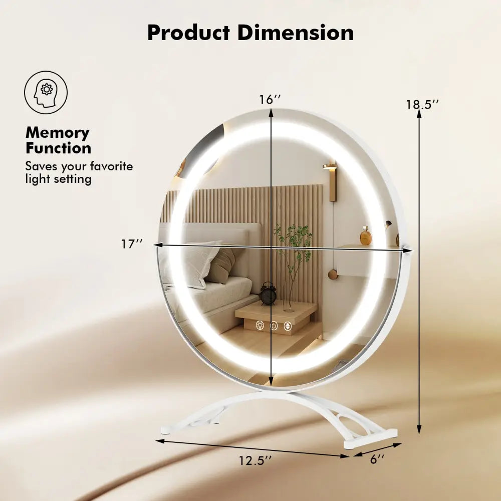 16 x 16 Inch Round LED Vanity Mirror with 3-Color Lighting and Brightness Dimming-White - White - Makeup Vanities