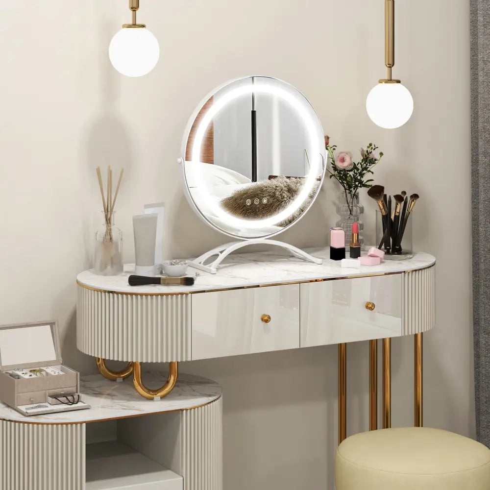 16 x 16 Inch Round LED Vanity Mirror with 3-Color Lighting and Brightness Dimming-White - White - Makeup Vanities