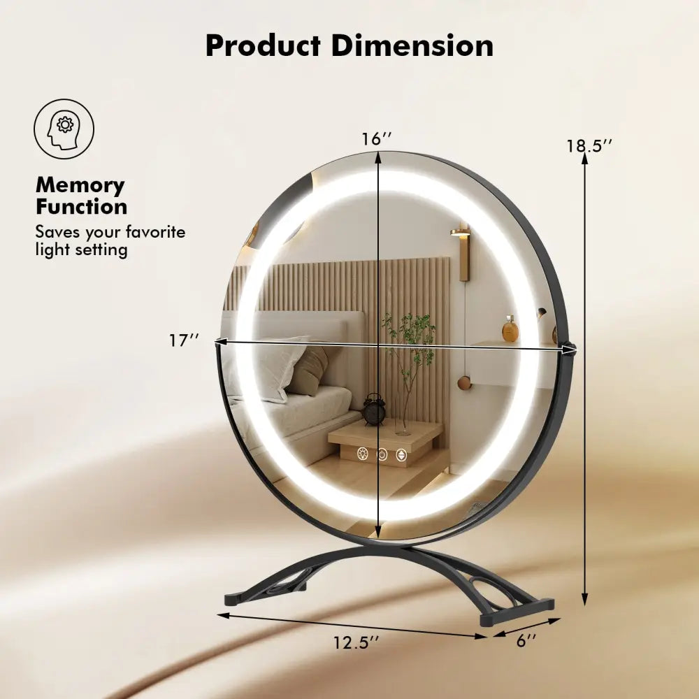 16 x 16 Inch Round LED Vanity Mirror with 3-Color Lighting and Brightness Dimming-Black - Black - Makeup Vanities