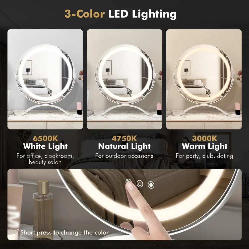16 x 16 Inch Round LED Vanity Mirror with 3-Color Lighting and Brightness Dimming-White - White - Makeup Vanities